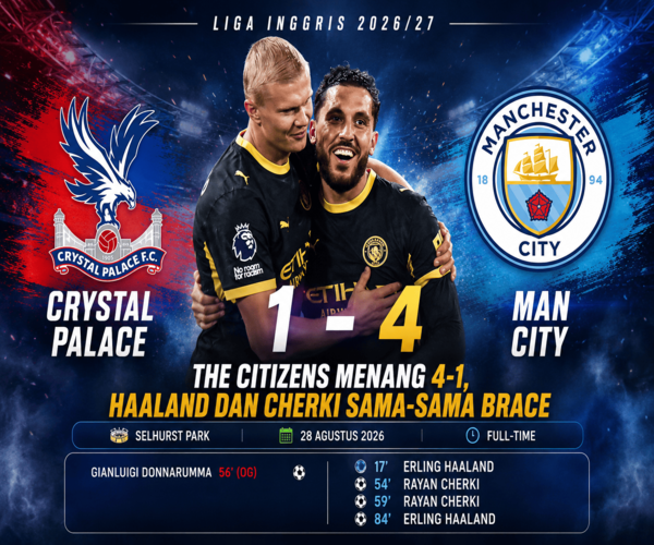 crystal palace vs man city the citizens menang 4 - 1 haaland dan cherki sama sama brace