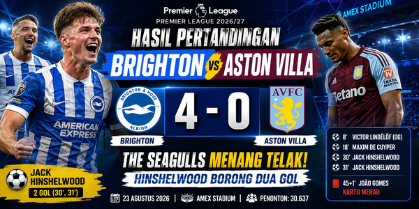 Hasil Brighton vs Aston Villa: The Seagulls Menang Telak 4-0, Hinshelwood Borong Dua Gol