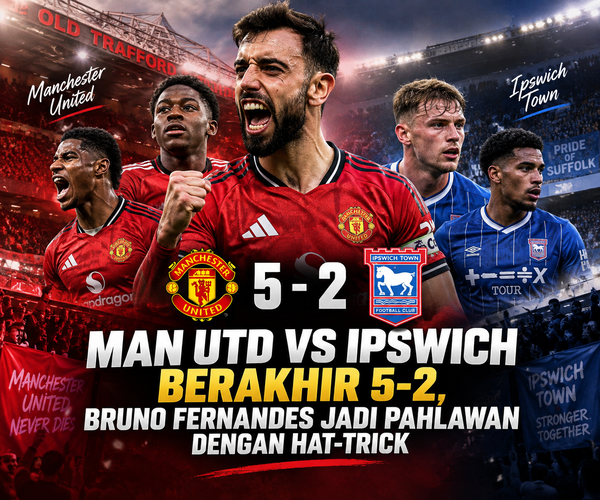 Man Utd vs Ipswich Berakhir 5-2, Bruno Fernandes Jadi Pahlawan dengan Hat-trick