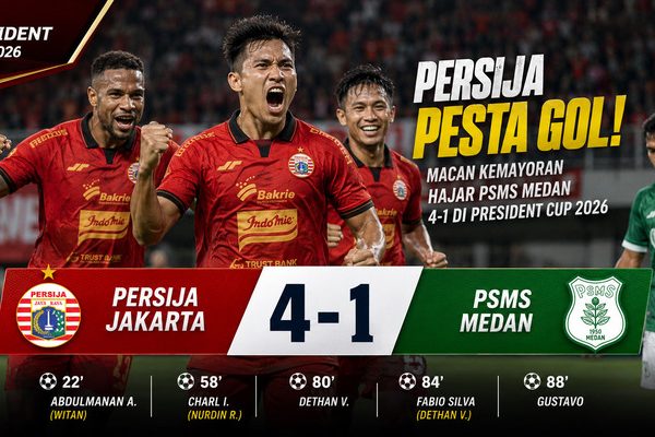 Persija Jakarta Pesta Gol! Macan Kemayoran Hajar PSMS Medan 4-1 di President Cup 2026