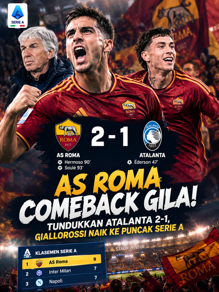 AS Roma Comeback Gila! Tundukkan Atalanta 2-1, Giallorossi Naik ke Puncak Serie A