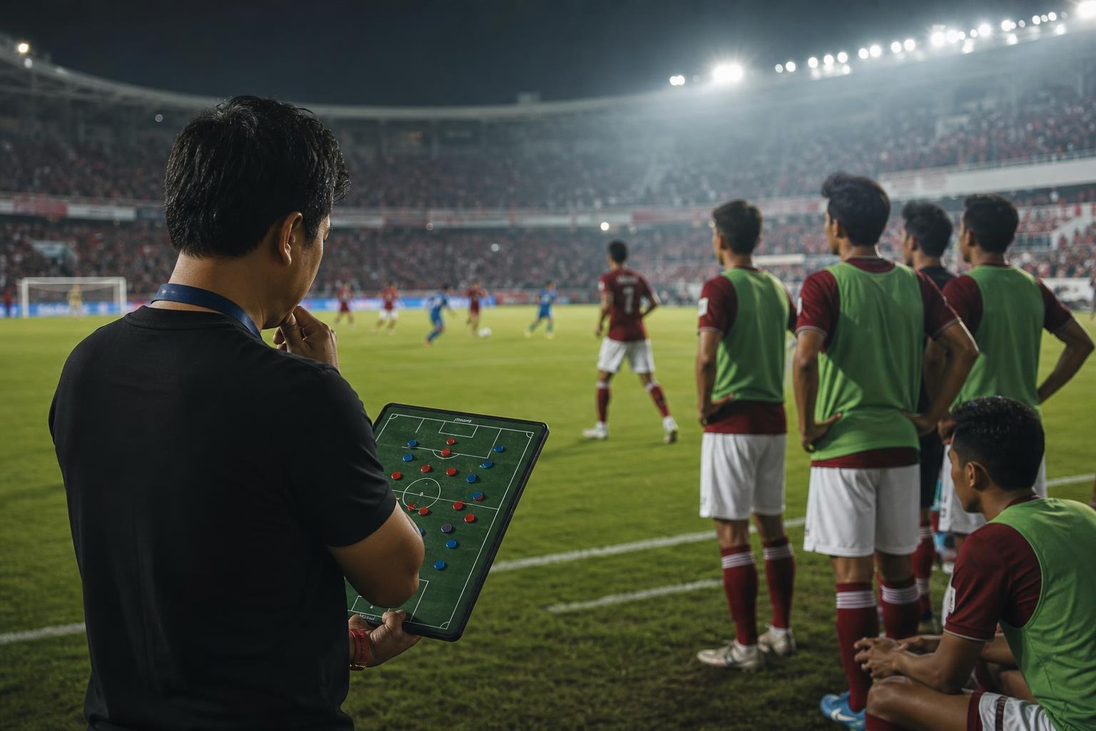Pelatih sepak bola mengatur strategi pergantian pemain di tepi lapangan stadion