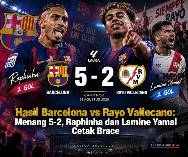 barcelona vs rayo menang 5-2, raphinha dan lamine yamal cetak brece