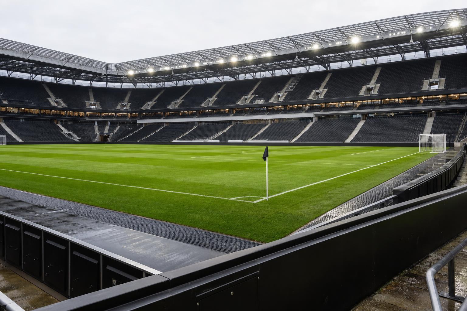 Stadion sepak bola profesional dengan lapangan dan tribun kosong sebagai gambaran pentingnya infrastruktur dalam lisensi klub