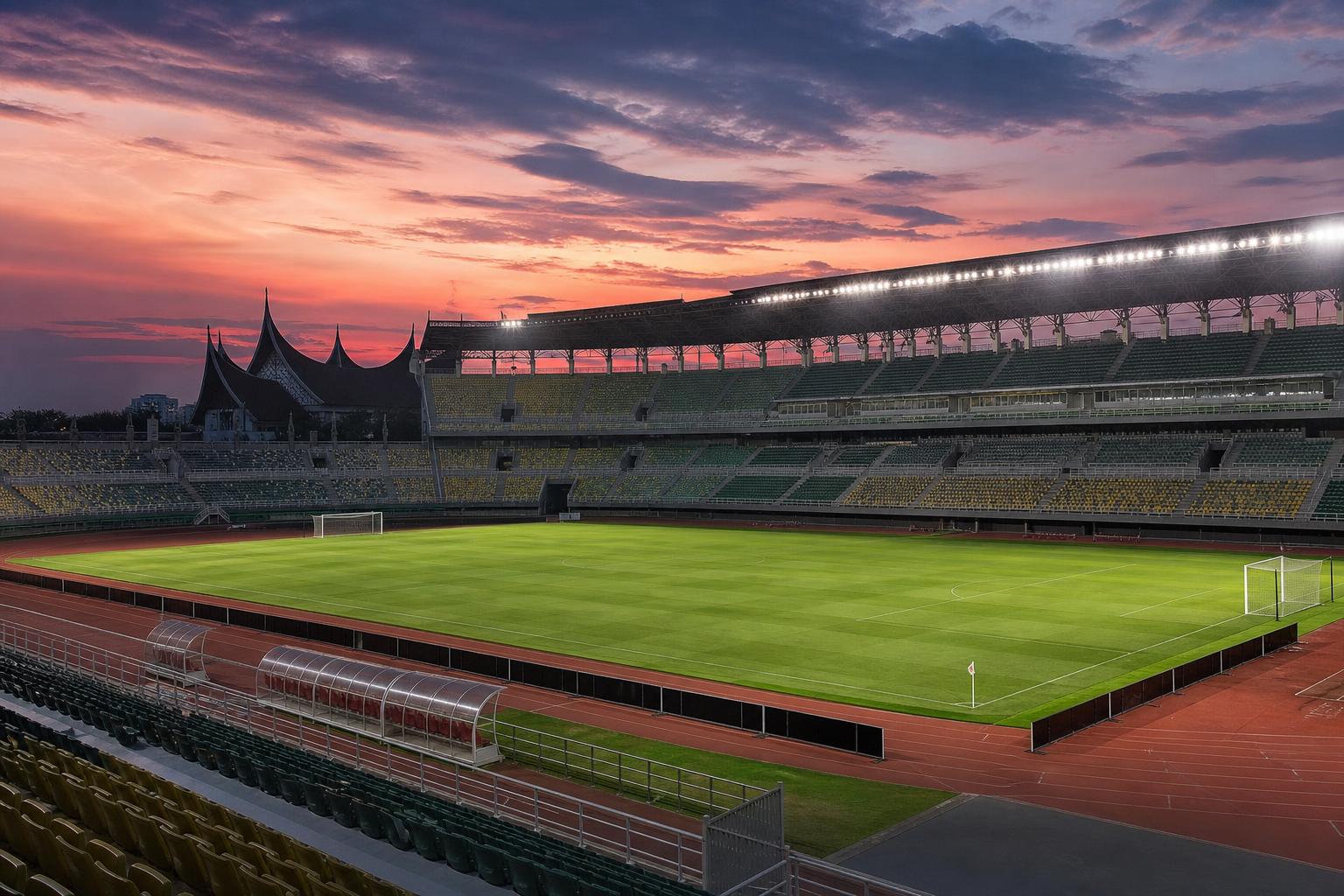 Stadion sepak bola Indonesia dengan lapangan hijau dan tribun yang bersiap untuk pertandingan liga