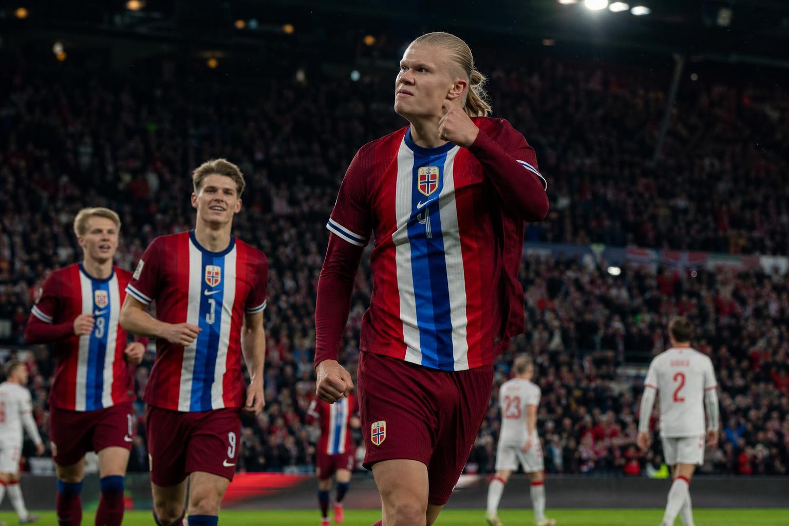 Erling Haaland merayakan gol Norwegia dalam pertandingan melawan Denmark di Oslo