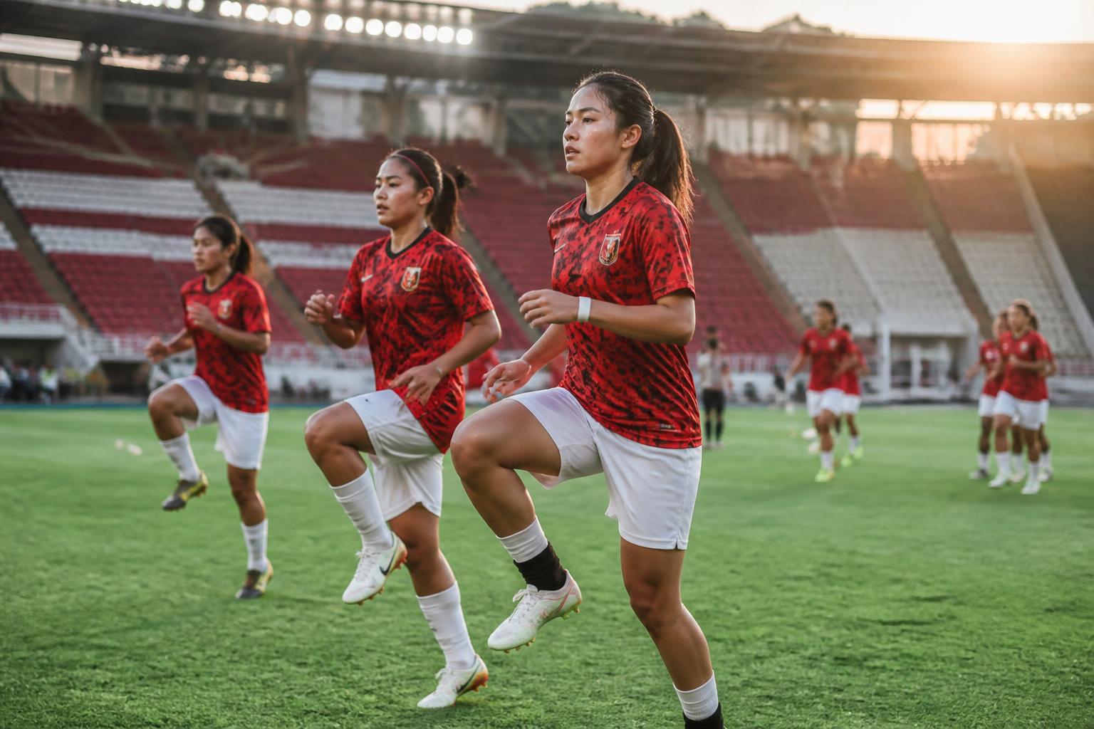 Pemain sepak bola putri Indonesia melakukan pemanasan di lapangan sebelum pertandingan liga