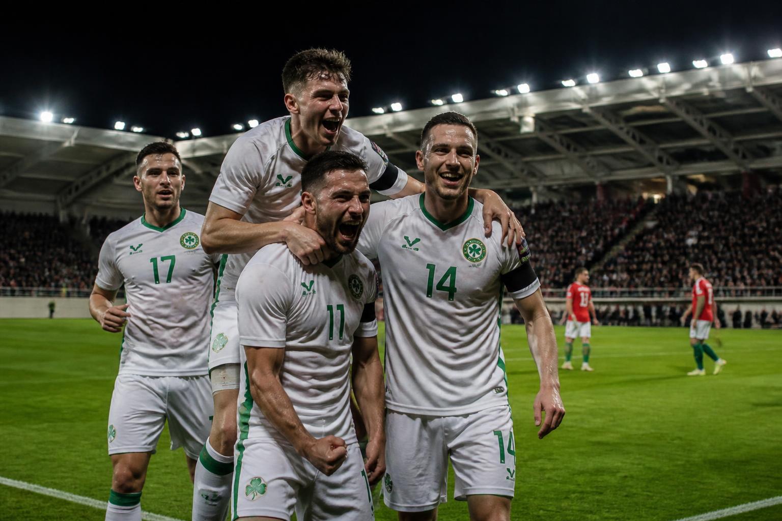 Pemain Republik Irlandia merayakan gol dalam pertandingan Nations League melawan Israel di stadion Debrecen