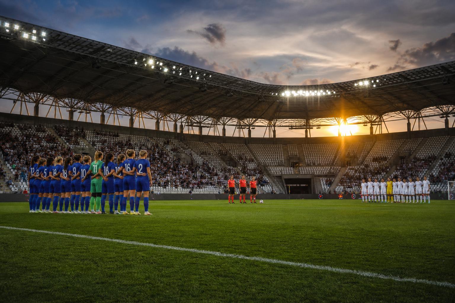 Dua tim sepak bola wanita U-20 bersiap dalam suasana pertandingan perebutan medali perunggu di stadion Łódź