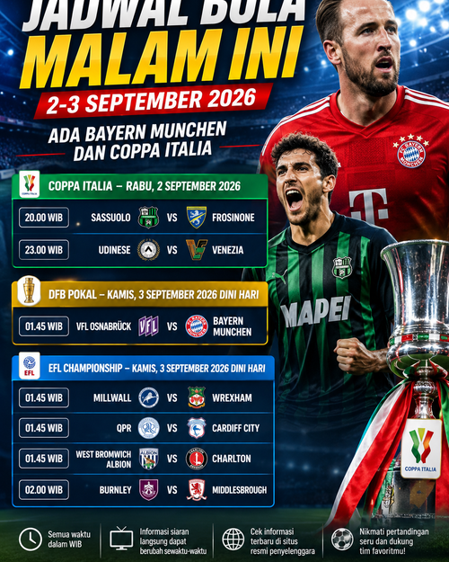 Jadwal Bola Malam Ini 2-3 September 2026: Ada Bayern Munchen dan Coppa Italia