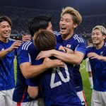 Pemain Jepang merayakan kemenangan 3-1 atas Uruguay dalam pertandingan persahabatan internasional di Miyagi