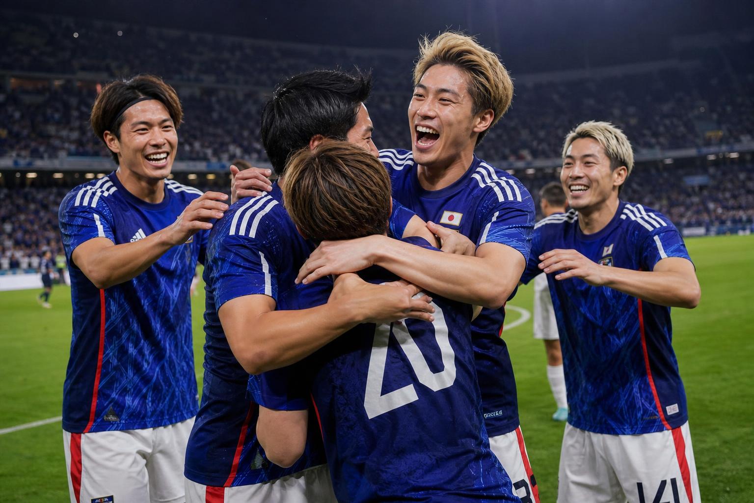 Pemain Jepang merayakan kemenangan 3-1 atas Uruguay dalam pertandingan persahabatan internasional di Miyagi