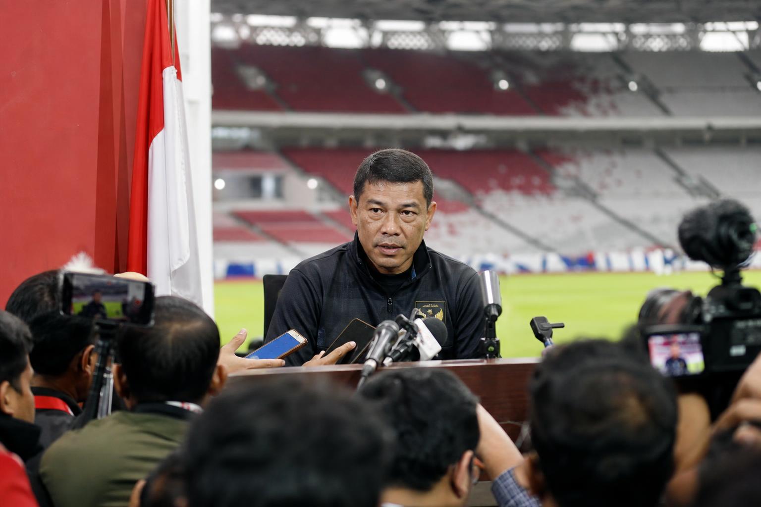 Suasana konferensi pers pelatih Timnas Indonesia menjelang pertandingan FIFA ASEAN Cup 2026