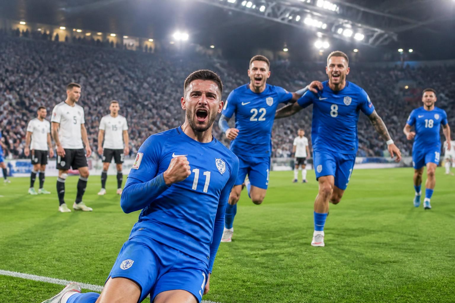 Pemain Yunani merayakan kemenangan 1-0 atas Jerman dalam pertandingan Nations League di Augsburg