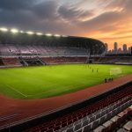 Lapangan stadion sepak bola Indonesia saat senja dengan pemain yang melakukan pemanasan