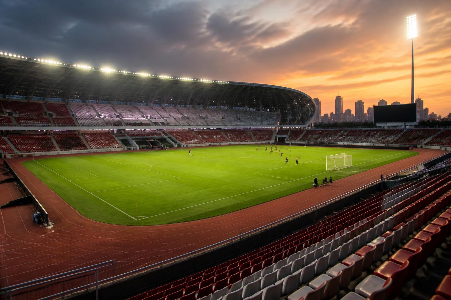 Lapangan stadion sepak bola Indonesia saat senja dengan pemain yang melakukan pemanasan