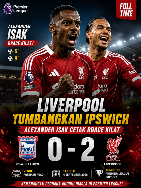 Liverpool Tumbangkan Ipswich 2-0, Alexander Isak Cetak Brace Kilat