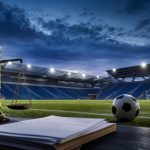 Manchester City Dilaporkan Bersalah atas 114 dari 115 Dakwaan Stadion sepak bola kosong dengan bola dan simbol dokumen hukum yang menggambarkan kasus finansial Manchester City