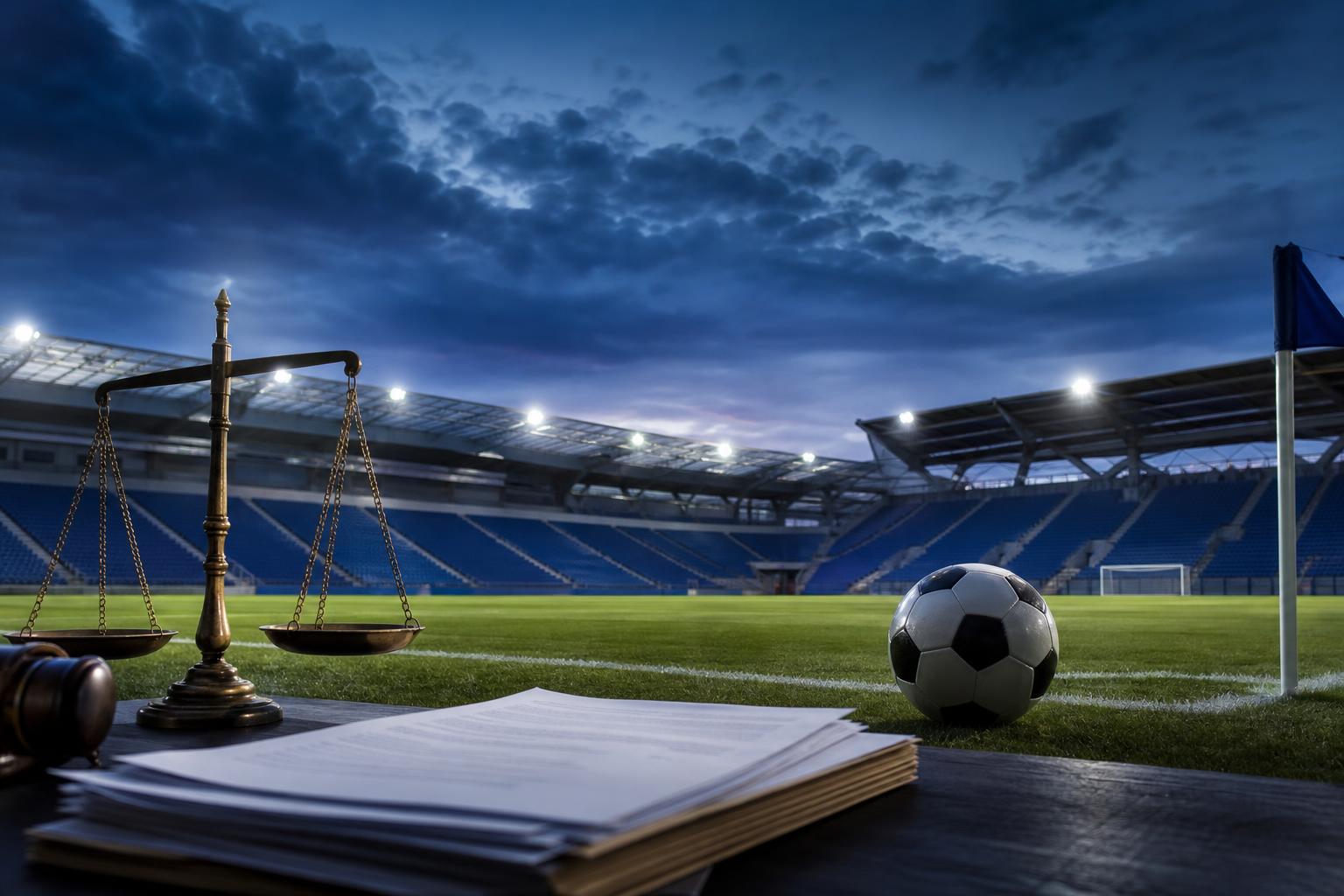 Stadion sepak bola kosong dengan bola dan simbol dokumen hukum yang menggambarkan kasus finansial Manchester City