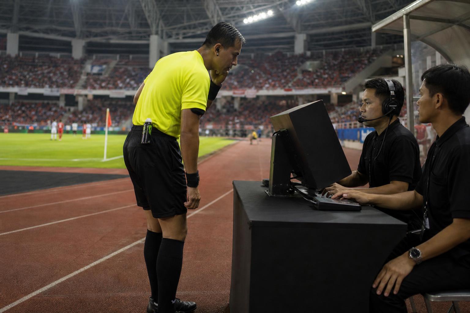 Wasit sepak bola berdiskusi dengan perangkat VAR di stadion menjelang pertandingan