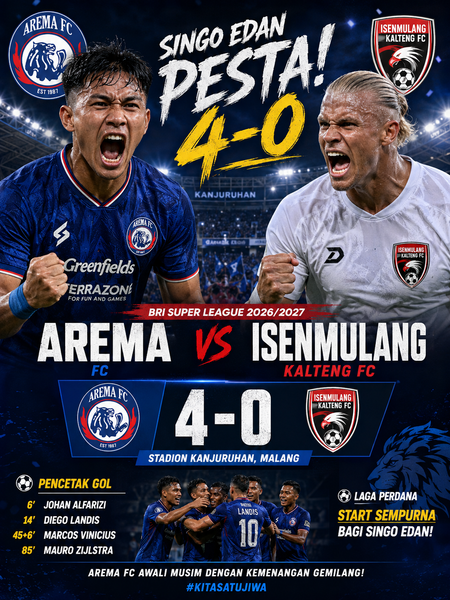 Hasil Arema vs Isenmulang Kalteng: Singo Edan Pesta 4-0 di Kanjuruhan