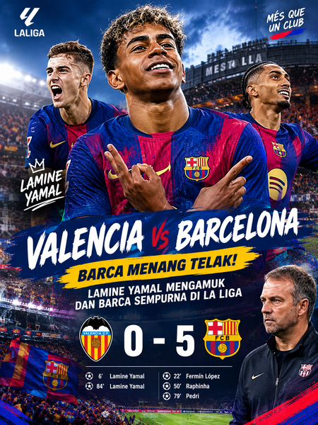 Hasil Valencia vs Barcelona: Menang 5-0, Lamine Yamal Mengamuk dan Barca Sempurna di La Liga