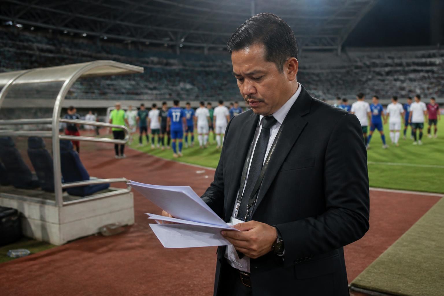 Match commissioner meninjau dokumen pertandingan di sisi lapangan stadion sepak bola Indonesia