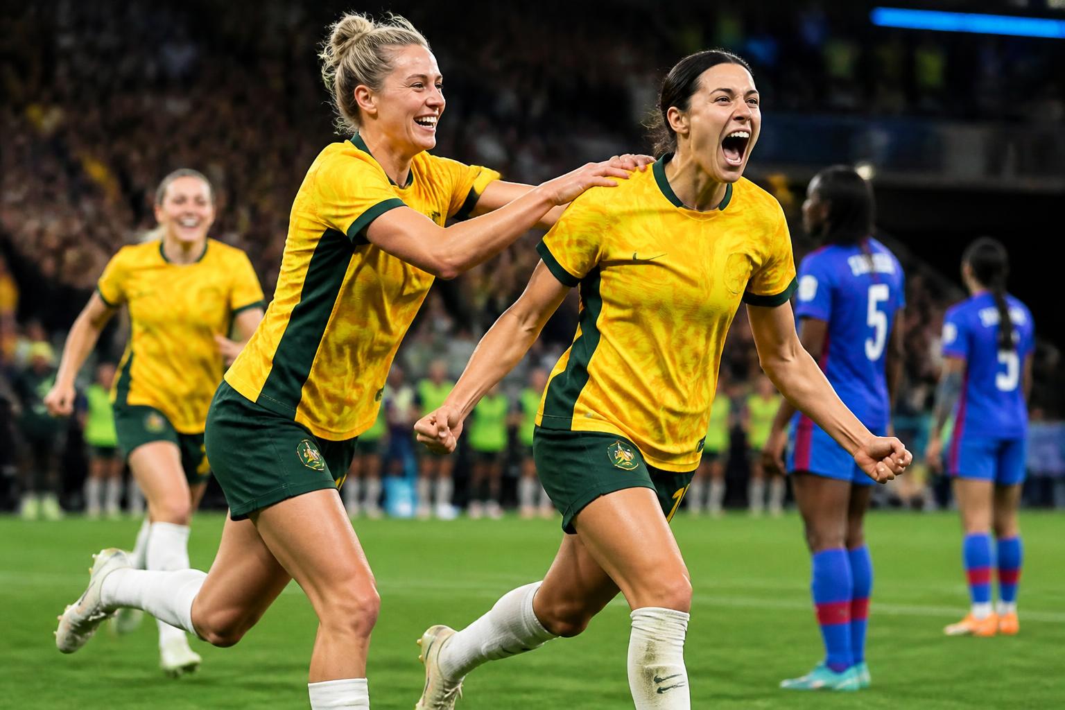 Pemain Timnas Putri Australia merayakan gol dalam kemenangan atas Haiti di laga persahabatan internasional