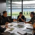 Club Licensing Liga Indonesia: 7 Aspek dan Dampaknya Rapat pengelolaan klub sepak bola dengan dokumen lisensi dan pemain muda di stadion