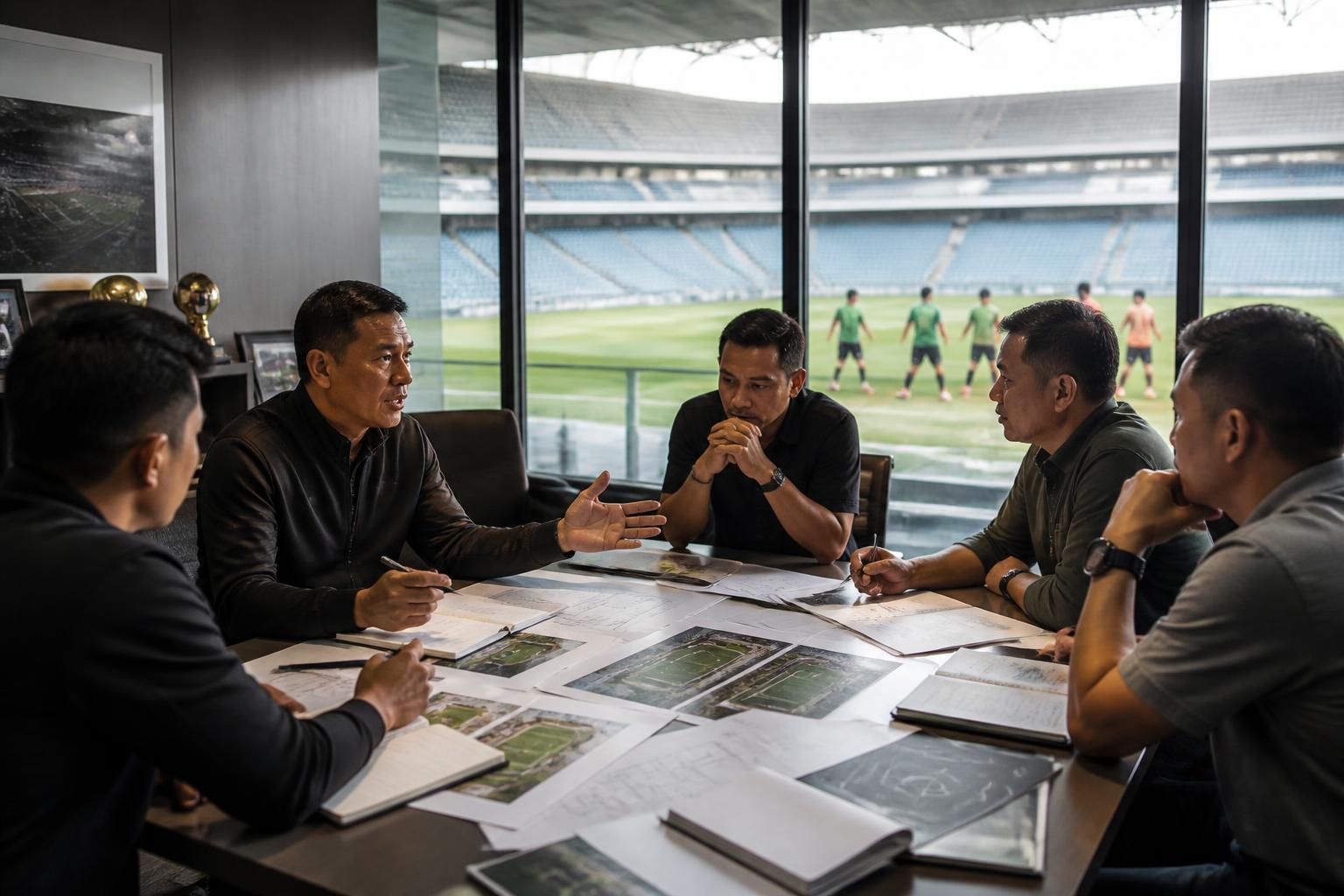 Rapat pengelolaan klub sepak bola dengan dokumen lisensi dan pemain muda di stadion
