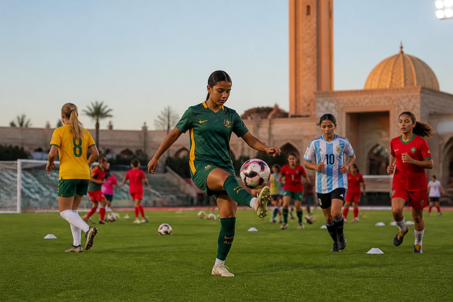 Pemain sepak bola putri U-17 dari berbagai negara melakukan pemanasan di lapangan stadion di Rabat, Maroko.