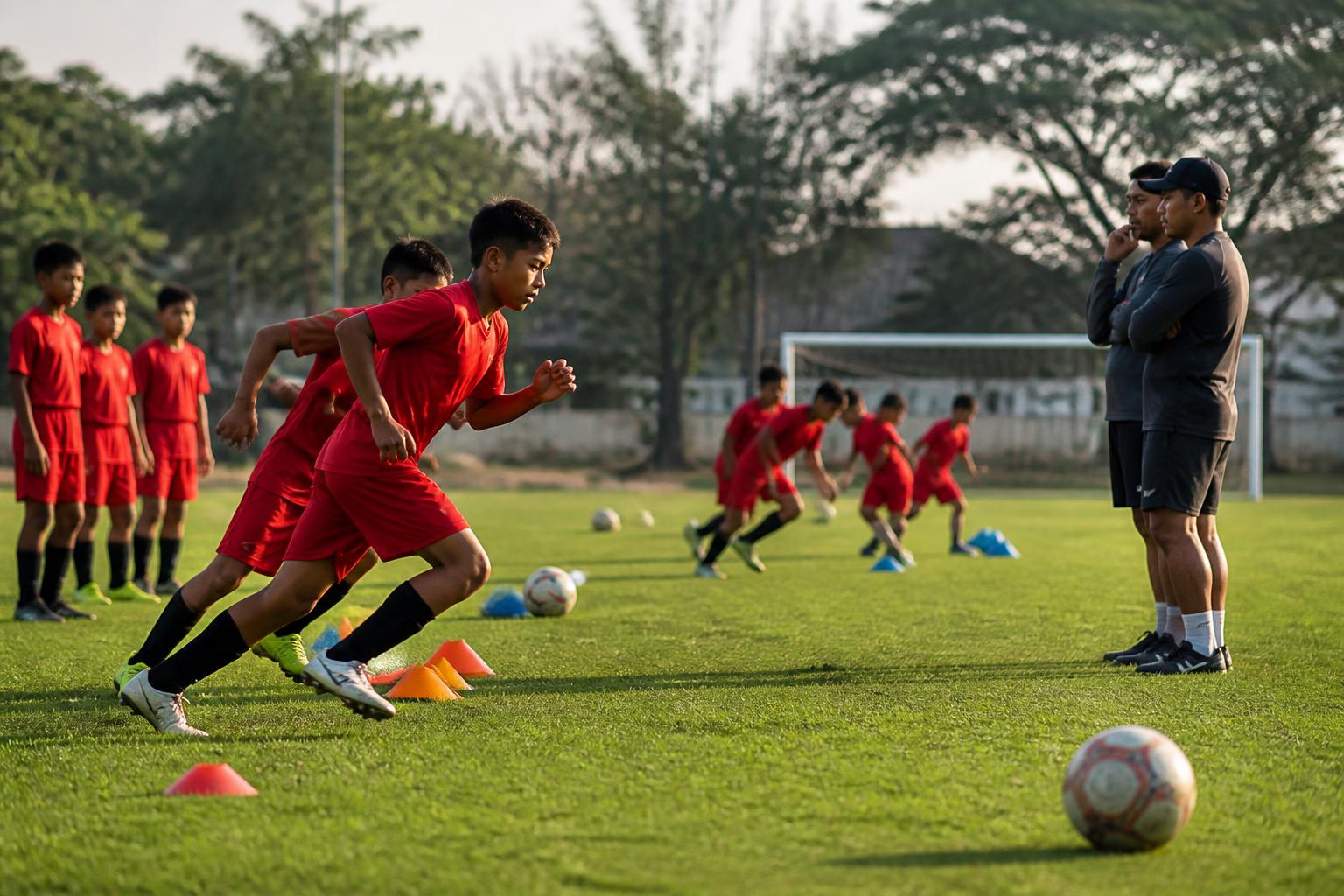 Pemain akademi sepak bola muda berlatih di lapangan dengan pelatih yang mengawasi dari sisi lapangan