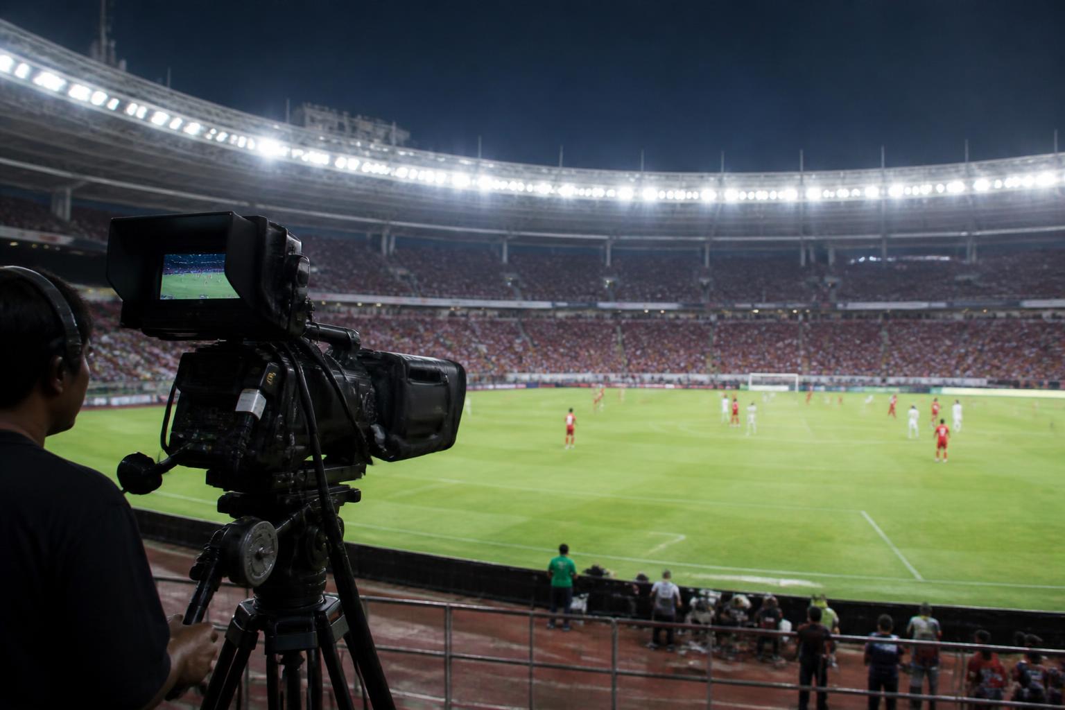 Kamera siaran mengarah ke pertandingan sepak bola di stadion Indonesia dengan penonton di latar belakang