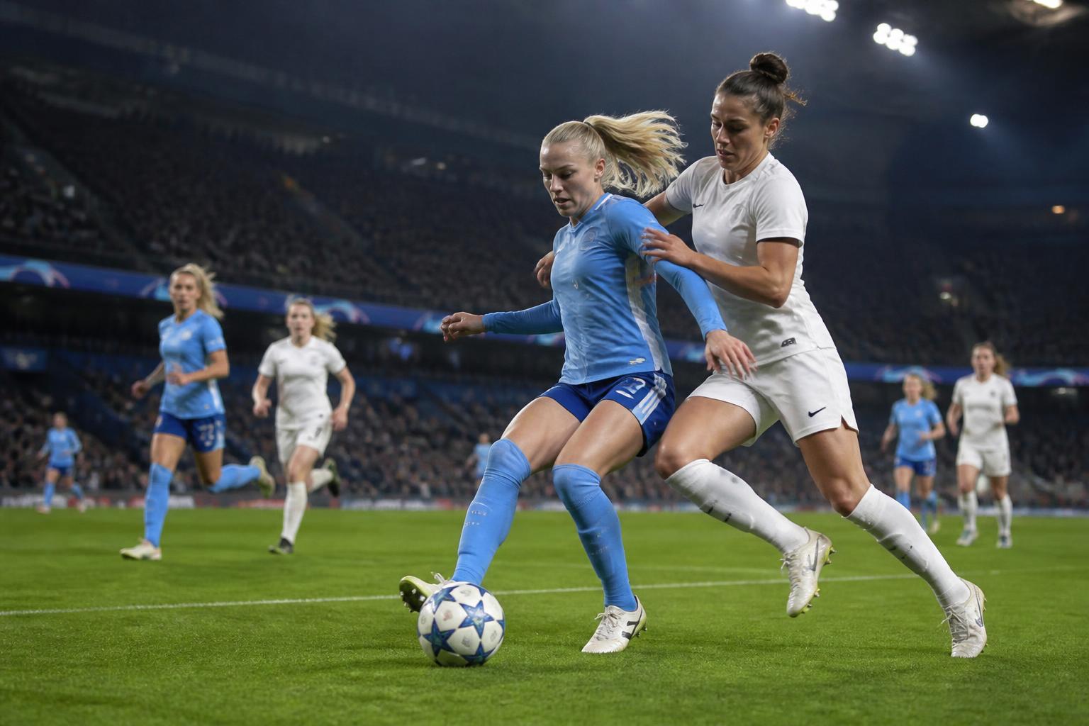 Suasana pertandingan sepak bola wanita di stadion pada malam hari dengan dua tim berseragam biru muda dan putih beradu di lapangan.