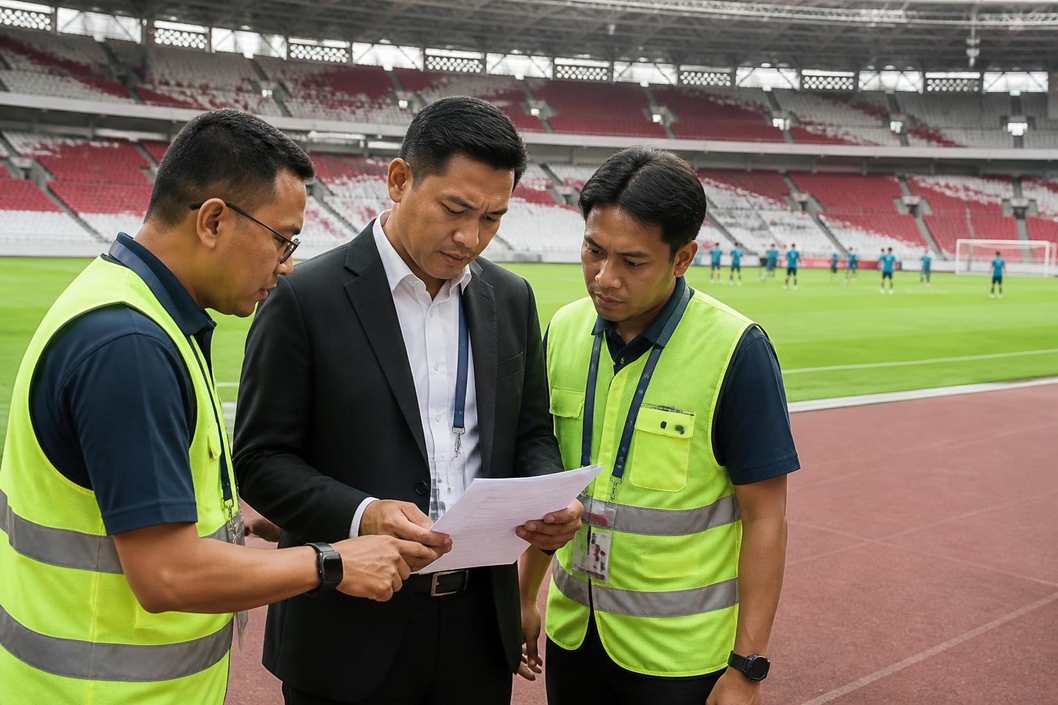Match commissioner berdiskusi dengan staf operasional di sisi lapangan stadion sebelum pertandingan sepak bola