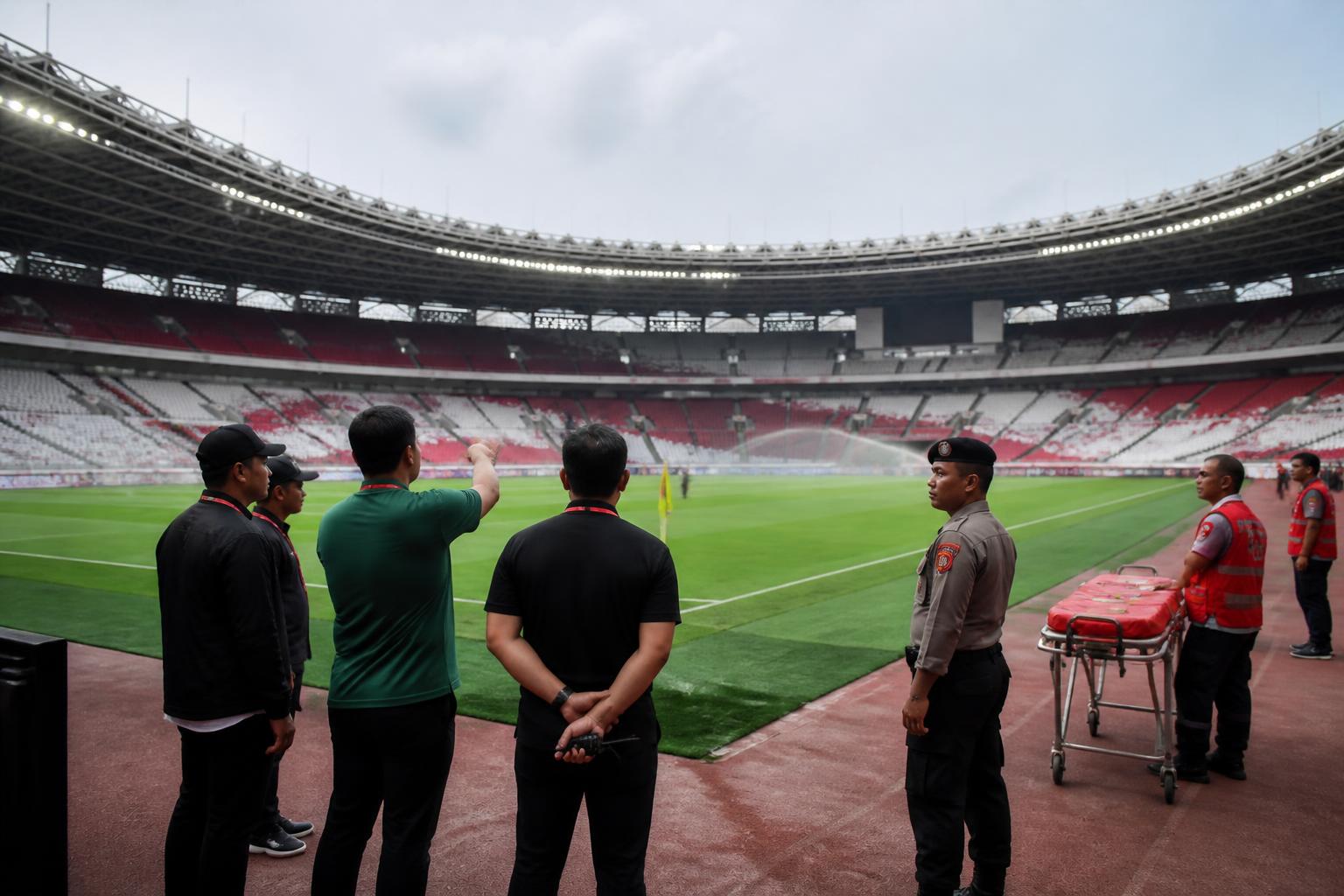 Petugas menyiapkan stadion sepak bola untuk pertandingan profesional dengan tim keamanan dan medis di area lapangan