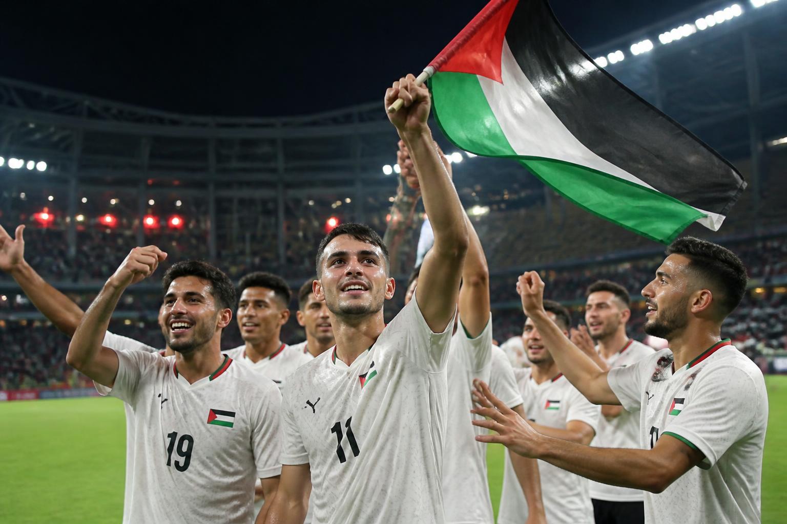 Pemain Timnas Palestina merayakan kemenangan 5-0 atas China di stadion Chongqing