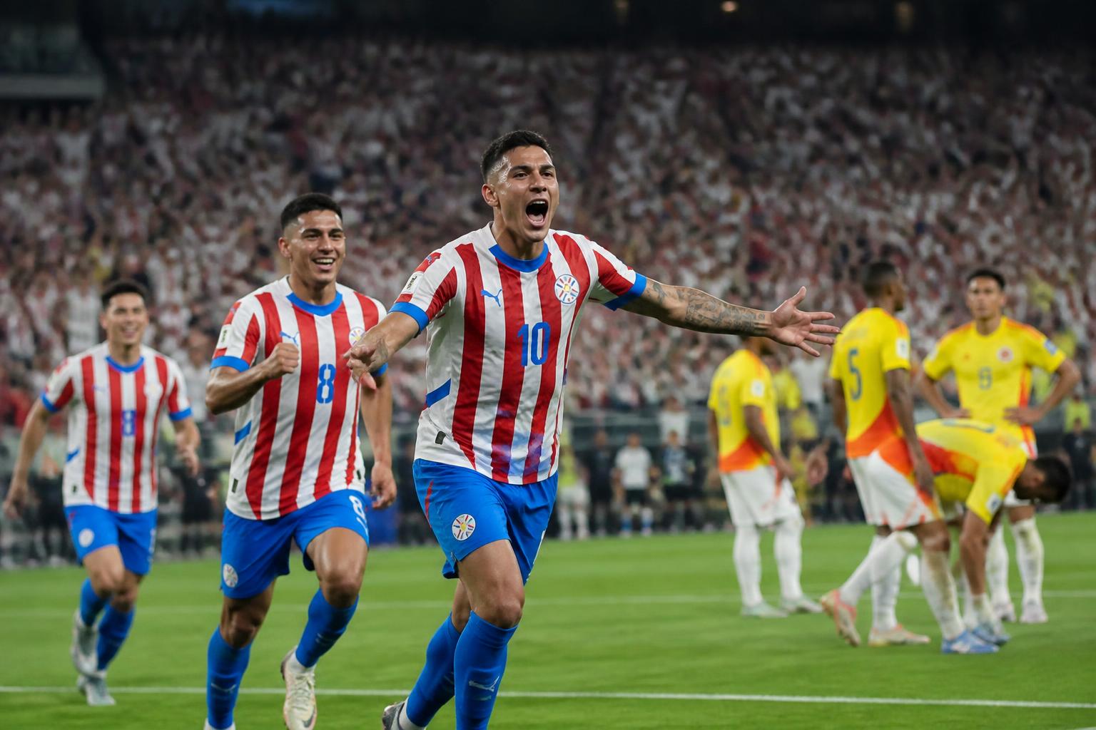 Pemain Paraguay merayakan gol dalam laga uji coba melawan Kolombia di stadion New Jersey