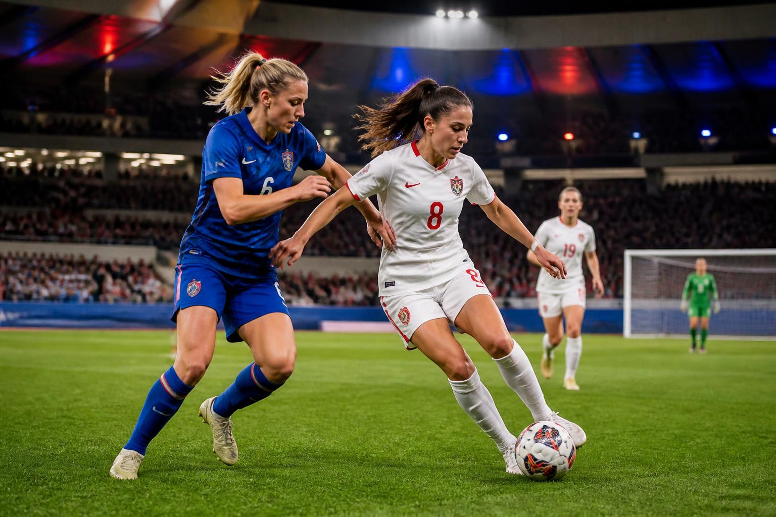 Pemain sepak bola wanita bertanding dalam suasana play-off kualifikasi di stadion