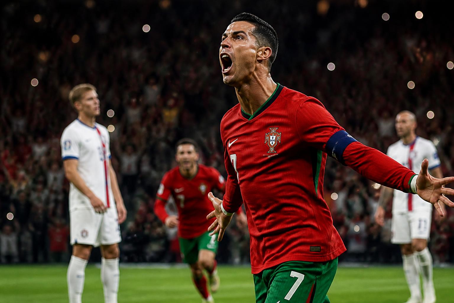 Pemain Portugal merayakan gol kemenangan dalam laga melawan Norwegia di Nations League