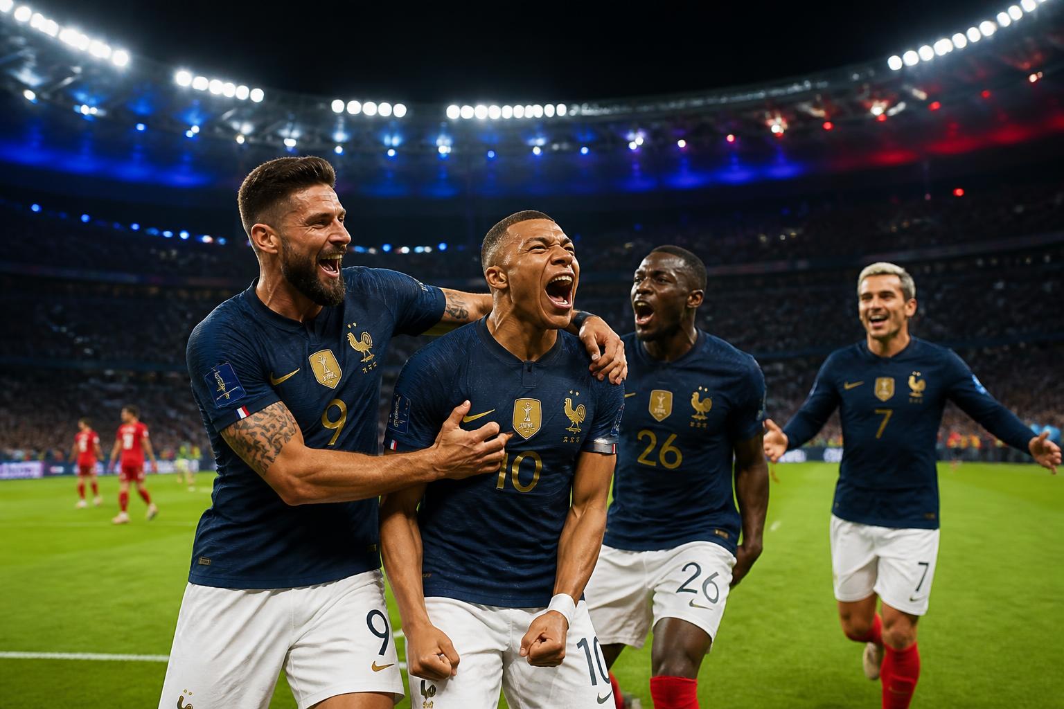 Pemain timnas Prancis merayakan kemenangan comeback atas Belgia di Stade de France
