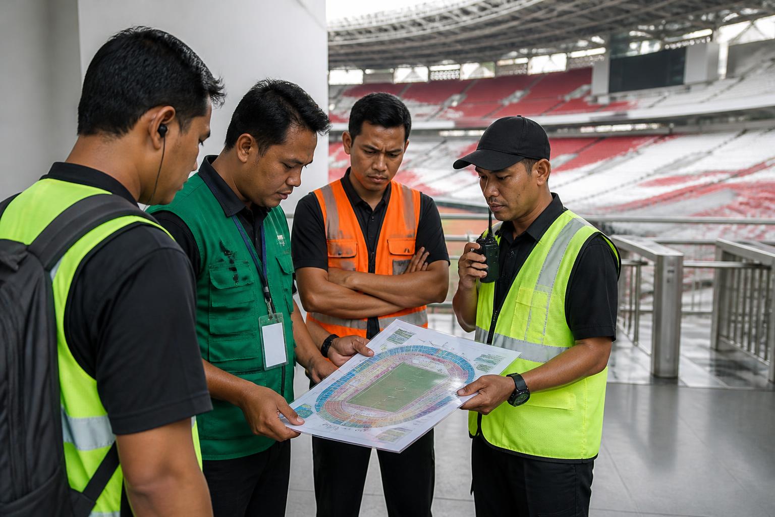 Panpel dan steward memeriksa area akses stadion sebelum pertandingan sepak bola