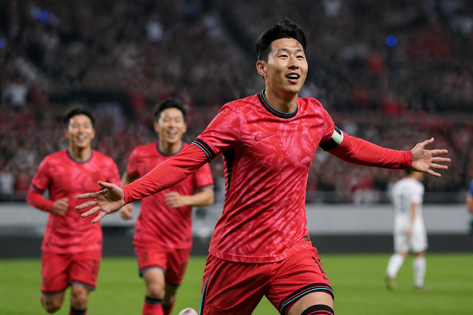 Son Heung-min merayakan gol untuk Korea Selatan dalam laga melawan Uzbekistan di stadion