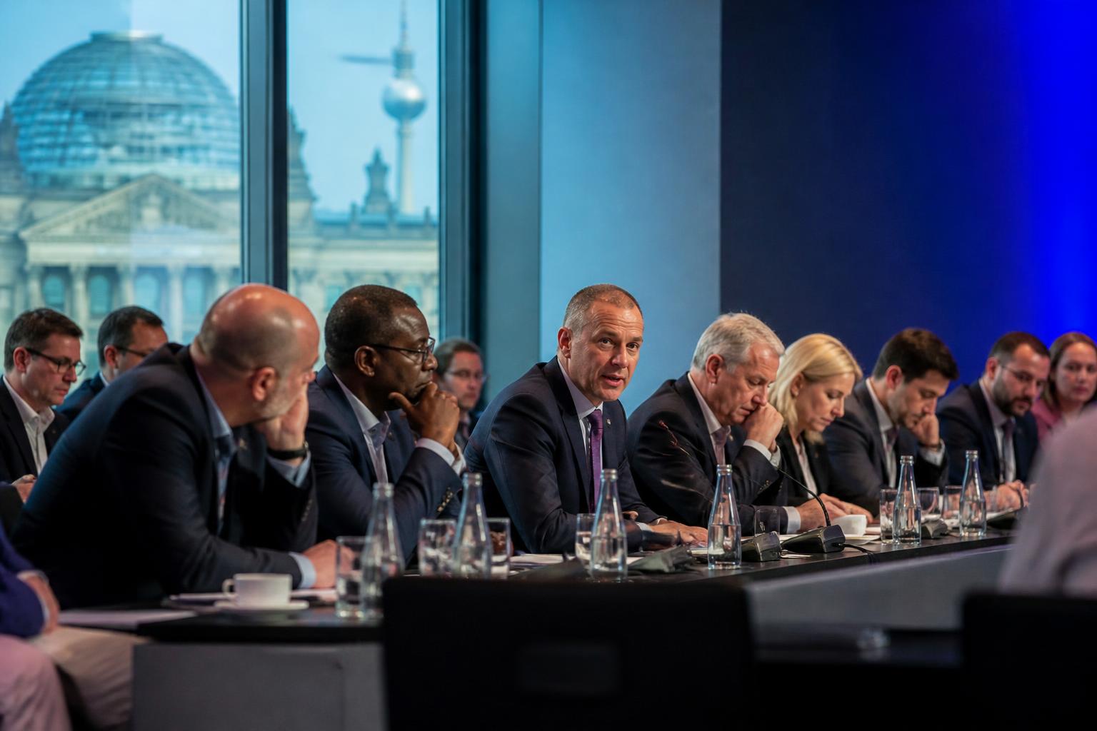 Delegasi asosiasi sepak bola mengikuti pertemuan resmi UEFA di sebuah ruang konferensi di Berlin