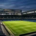 Stadion sepak bola Eropa dalam suasana malam yang menggambarkan bisnis dan pemasaran kompetisi UEFA