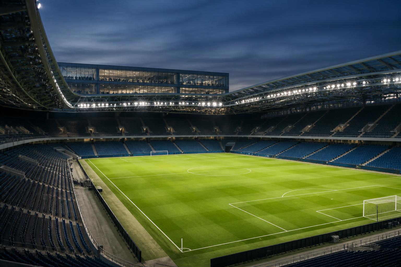 Stadion sepak bola Eropa dalam suasana malam yang menggambarkan bisnis dan pemasaran kompetisi UEFA